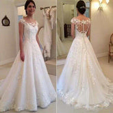 White Vintage Lace Appliques Wedding Dresses Sheer Back Cap Sleeves - Acapparelstore